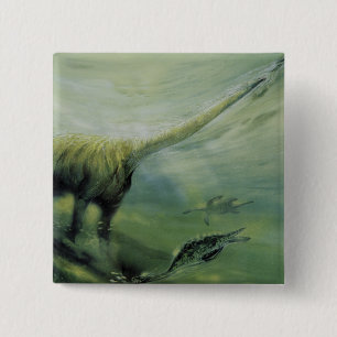 Badge Carré 5 Cm Dinosaures vintages, Brachiosaurus Nager dans l'oc