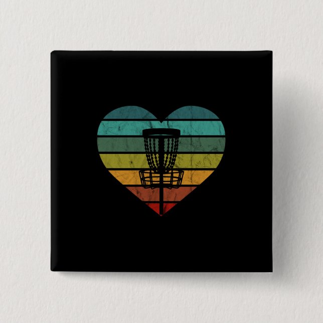 Badge Carré 5 Cm DiscGolf - Panier cible rétro Vintage (Devant)