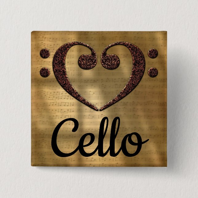 Badge Carré 5 Cm Double violoncelle de coeur de clef basse (Devant)