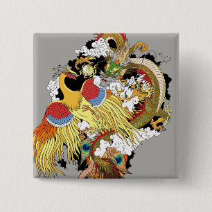 Badge Carré 5 Cm dragon chinois et phoenix