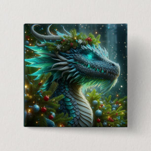 Badge Carré 5 Cm Dragon de Noël Turquoise Magique