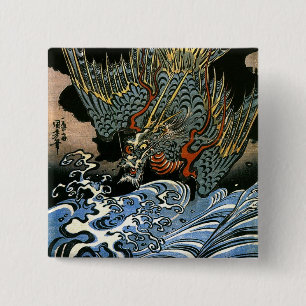 Badge Carré 5 Cm Dragon & Eau Spirit Kuniyoshi Art Japonais