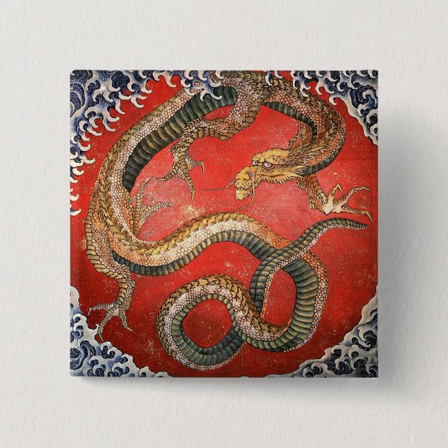 Badge Carré 5 Cm Dragon, Hokusai Art japonais (Devant)