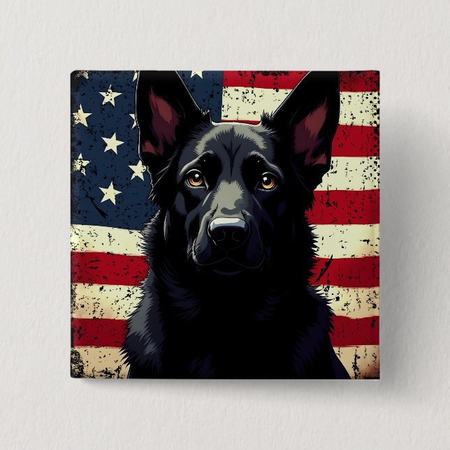 Badge Carré 5 Cm Drapeau américain Patriotique Black German Shepher (Devant)