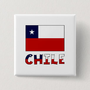 Badge Carré 5 Cm Drapeau et nom du Chili en couleur