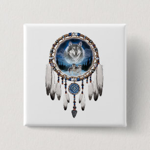 Badge Carré 5 Cm Dream Catcher avec arrière - plan loup