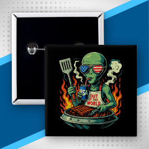 Badge Carré 5 Cm Drôle d'alien patriotique grillant un barbecue amé