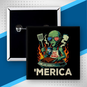 Badge Carré 5 Cm Drôle d'Amérique Alien BBQ Grillade Patriotique Ré