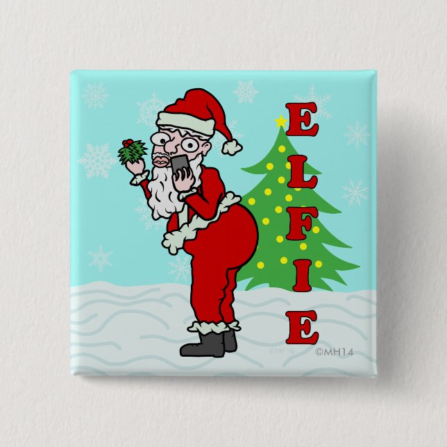 Badge Carré 5 Cm Drôle Noël Père Noël Elfie (Devant)