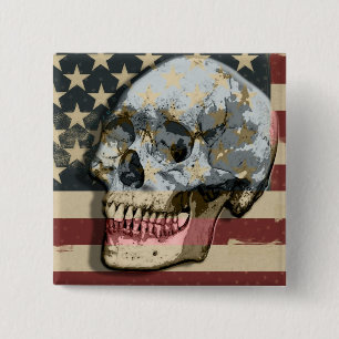 Badge Carré 5 Cm Drôle Souriant Crâne américain thème Drapeau