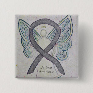 Badge Carré 5 Cm Dyslexia Silver Awareness Ribbon Angel Custom Pin