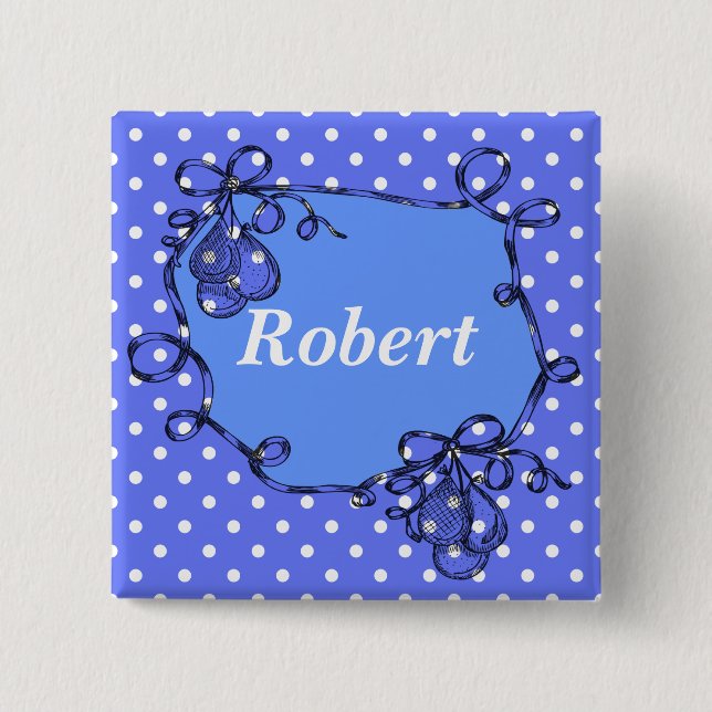 Badge Carré 5 Cm Élégant, cool bleu pois bouton Nom (Devant)