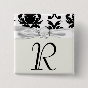 Badge Carré 5 Cm élégant noir et blanc damassé