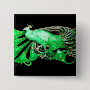 BADGE CARRÉ 5 CM ELEGANT PEACOCK IN GREEN,BLACK