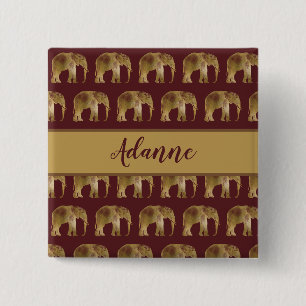 Badge Carré 5 Cm Elephant Bourgogne et Motif d'or