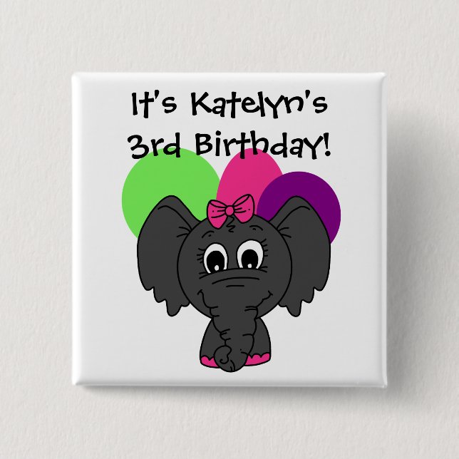 Badge Carré 5 Cm Éléphant customisé avec le bouton d'anniversaire (Devant)