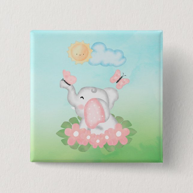 Badge Carré 5 Cm Eléphant mignon bébé avec fleurs roses (Devant)