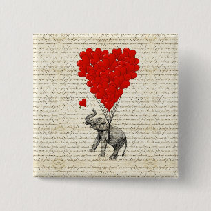 Badge Carré 5 Cm Eléphant romantique et ballons cardiaques