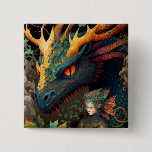 Badge Carré 5 Cm Elf Et Dragon Imaginaire Art