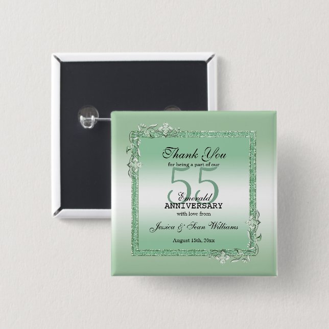 Badge Carré 5 Cm Emerald Gem & Parties scintillant 55e anniversaire (Devant & derrière)