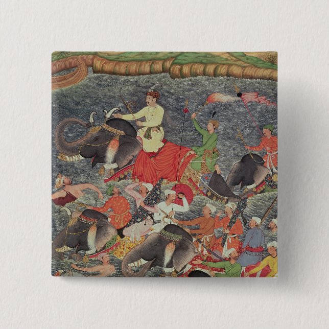 Badge Carré 5 Cm Empereur Akbar traversant la rivière le Gange (Devant)
