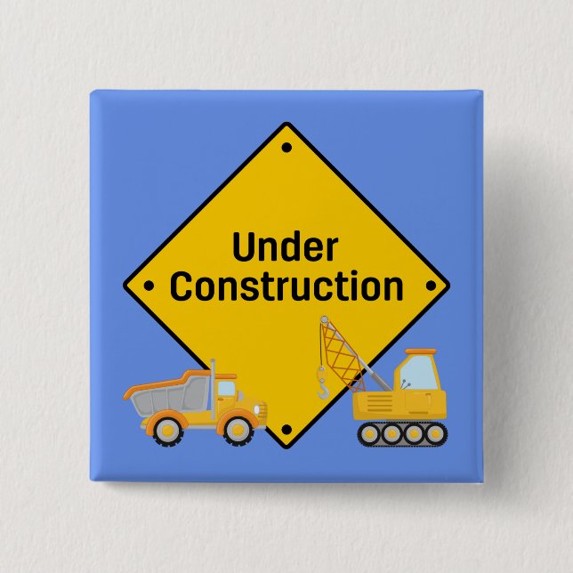 Badge Carré 5 Cm En construction avec camions (Devant)