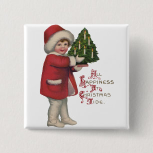 Badge Carré 5 Cm Enfant avec illustration vintage d'art de sapin de