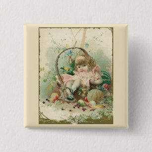 Badge Carré 5 Cm Enfant victorienne vintage, Fille Panier de fruits
