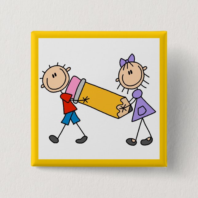 Badge Carré 5 Cm Enfants de bâton avec le crayon (Devant)