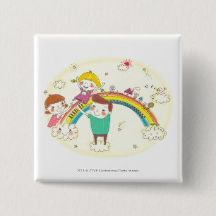 Badge Carré 5 Cm Enfants jouant sur l'arc-en-ciel
