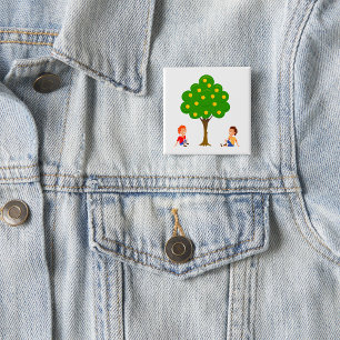 Badge Carré 5 Cm Enfants joueuses assis sous un arbre de pomme