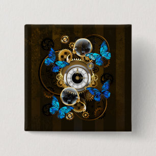 Badge Carré 5 Cm Engrenages à vapeur et papillons bleus