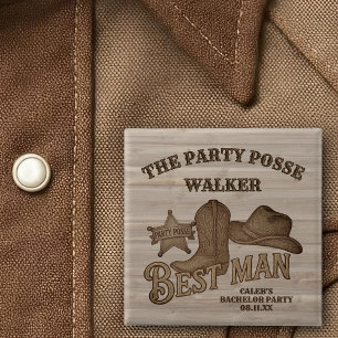 Badge Carré 5 Cm Enterrement de vie de garçon Cowboy Meilleur Témoi