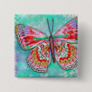 Badge Carré 5 Cm Épingle papillon menthe cerise