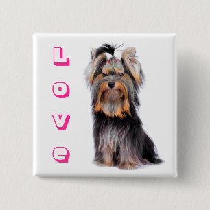 Badge Carré 5 Cm Épinglette Chien Puppy Yorkshire Terrier Amour