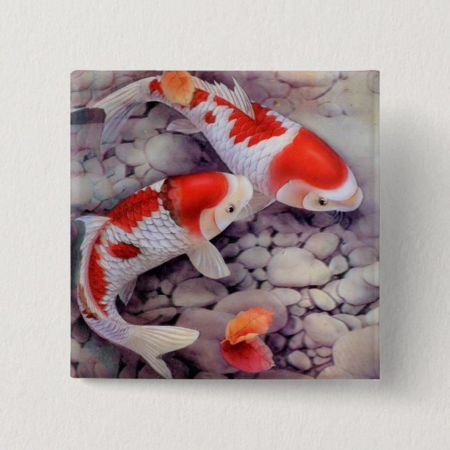 Badge Carré 5 Cm Étang à poissons rouge et blanc de Koi (Devant)