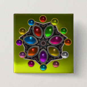 BADGE CARRÉ 5 CM ÉTOILE BRILLANTE AVEC DES GEMSTONES COLORÉS JAUNE 