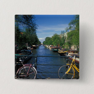 Badge Carré 5 Cm Europe, Hollande, Amsterdam, vélo jaune et