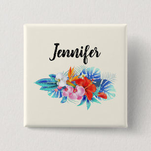 Badge Carré 5 Cm Exotic Tropical Flowers - Pink & Aquamarines