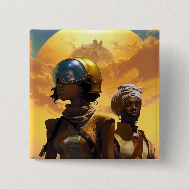 Badge Carré 5 Cm Explorateurs de planètes science-fiction Afrofutur (Devant)