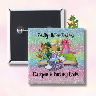 Badge Carré 5 Cm Facilement distrait par les dragons et les livres 