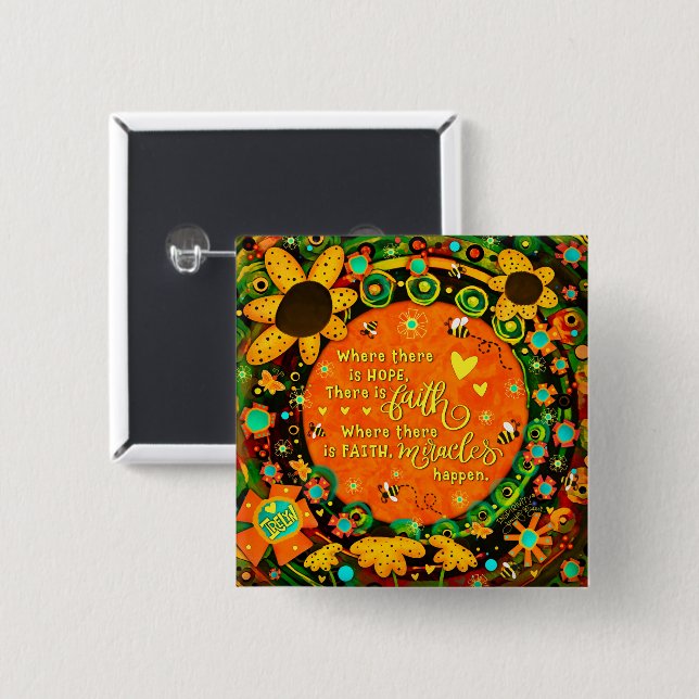 Badge Carré 5 Cm Faith Jolie Orange Jaune Floral Bumblebee Irelyn (Devant & derrière)