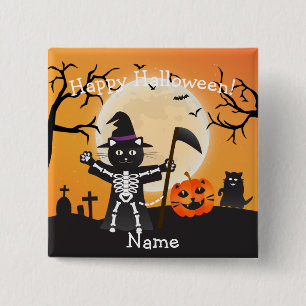 Badge Carré 5 Cm Faucheuse Halloween Cat Grim