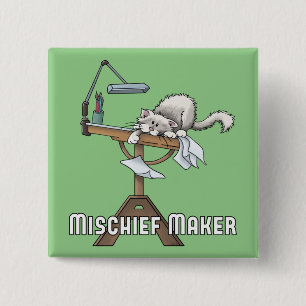 Badge Carré 5 Cm Fauteur de trouble chat blanc Bouton