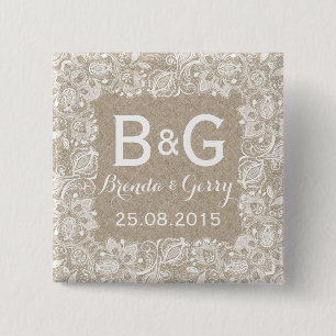 Badge Carré 5 Cm Faux Beige Lin & Blanc Flore Lace Cadre 2