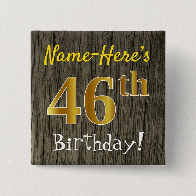 Badge Carré 5 Cm Faux Bois, Faux Or 46e Anniversaire + Nom personna (Devant)