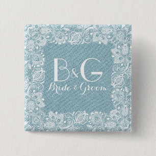 Badge Carré 5 Cm Faux lin bleu et dentelle florale blanche