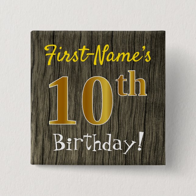 Badge Carré 5 Cm Faux Wood, Faux Gold 10e anniversaire + Nom person (Devant)