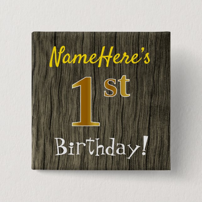 Badge Carré 5 Cm Faux Wood, Faux Gold 1er Anniversaire + Nom person (Devant)