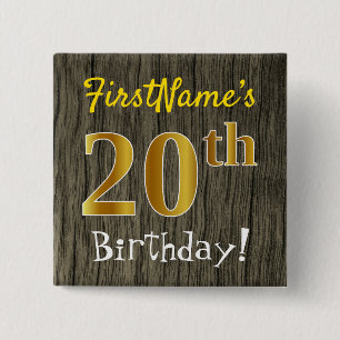 Badge Carré 5 Cm Faux Wood, Faux Gold 20e anniversaire + Nom person